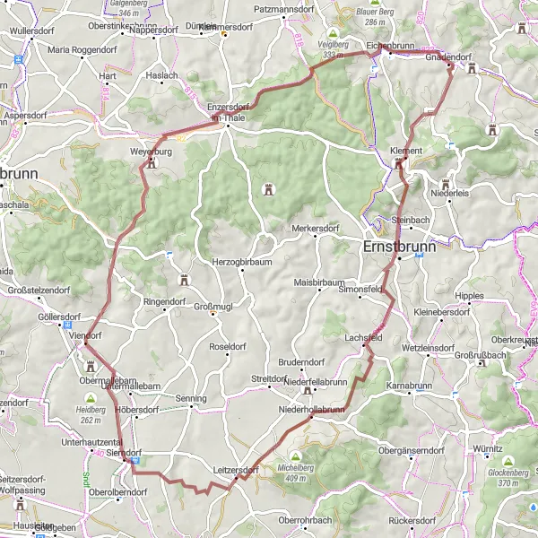 Miniatura della mappa di ispirazione al ciclismo "Grande Giro delle Colline" nella regione di Niederösterreich, Austria. Generata da Tarmacs.app, pianificatore di rotte ciclistiche