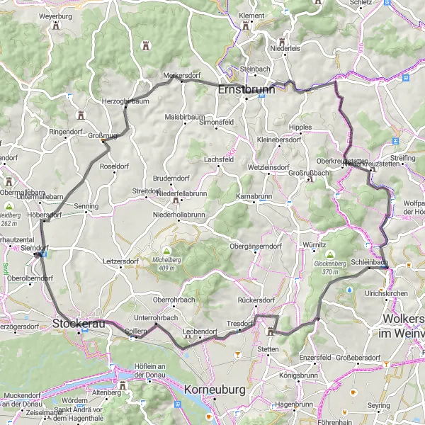 Miniaturní mapa "Okruh kolem Sierndorfu" inspirace pro cyklisty v oblasti Niederösterreich, Austria. Vytvořeno pomocí plánovače tras Tarmacs.app