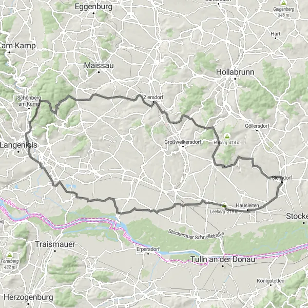 Miniatuurkaart van de fietsinspiratie "Rondje Brunnberg-Warte en Heidberg vanuit Sierndorf" in Niederösterreich, Austria. Gemaakt door de Tarmacs.app fietsrouteplanner