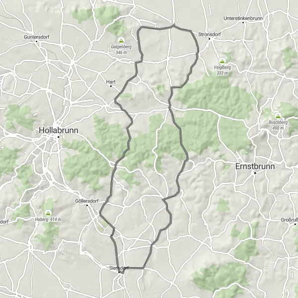 Miniatura della mappa di ispirazione al ciclismo "Avventura in bici intorno a Sierndorf" nella regione di Niederösterreich, Austria. Generata da Tarmacs.app, pianificatore di rotte ciclistiche