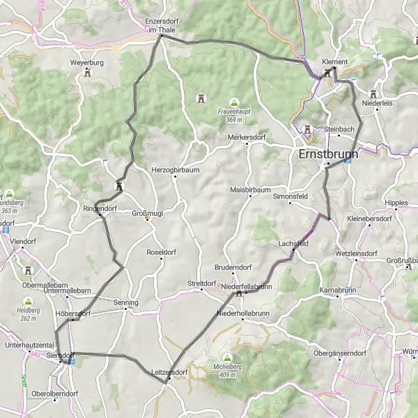 Miniatura della mappa di ispirazione al ciclismo "Giro in bici da Sierndorf" nella regione di Niederösterreich, Austria. Generata da Tarmacs.app, pianificatore di rotte ciclistiche
