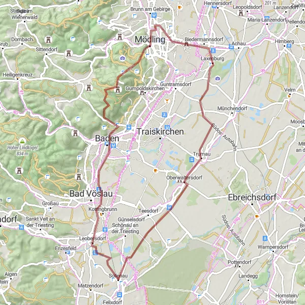 Map miniature of "Sollenau - Leobersdorf - Baden - Anninger - Mödling - Laxenburg - Trumau - Tattendorf - Sollenau" cycling inspiration in Niederösterreich, Austria. Generated by Tarmacs.app cycling route planner