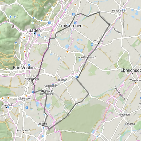 Map miniature of "Sollenau - Kottingbrunn - Harterberg - Trumau - Tattendorf - Neurissdorf - Sollenau" cycling inspiration in Niederösterreich, Austria. Generated by Tarmacs.app cycling route planner