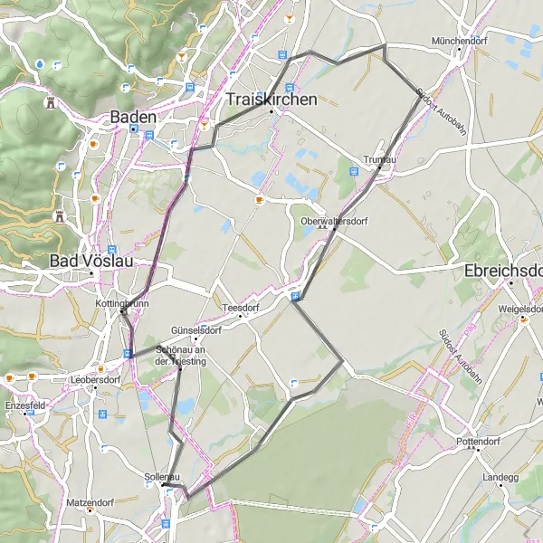 Miniatura della mappa di ispirazione al ciclismo "Il giro di ciclismo su strada da Sollenau" nella regione di Niederösterreich, Austria. Generata da Tarmacs.app, pianificatore di rotte ciclistiche