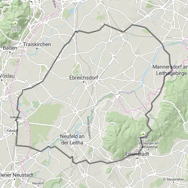 Map miniature of "Sollenau - Gunselsdorf - Trumau - Gotzendorf an der Leitha - Grunbuhel - Stotzing - Stotzingberg - Eisenstadt - Goldberg - Eggendorf - Siedlung Maria Theresia - Sollenau" cycling inspiration in Niederösterreich, Austria. Generated by Tarmacs.app cycling route planner