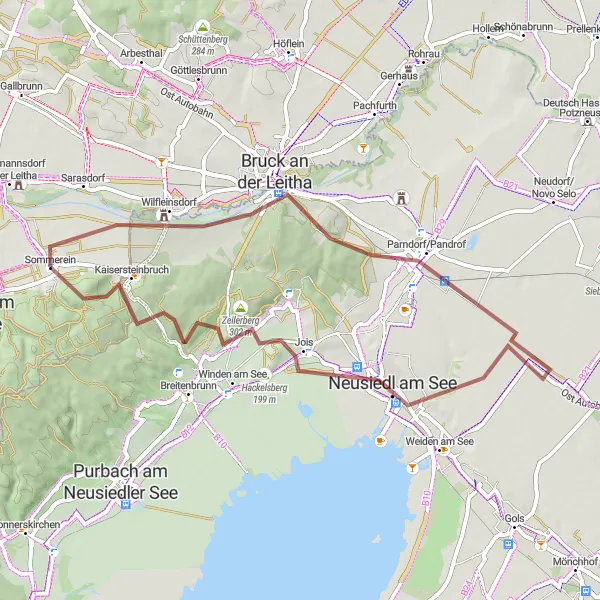 Mapa miniatúra "Okružná cyklistická trasa cez Bruck an der Leitha" cyklistická inšpirácia v Niederösterreich, Austria. Vygenerované cyklistickým plánovačom trás Tarmacs.app