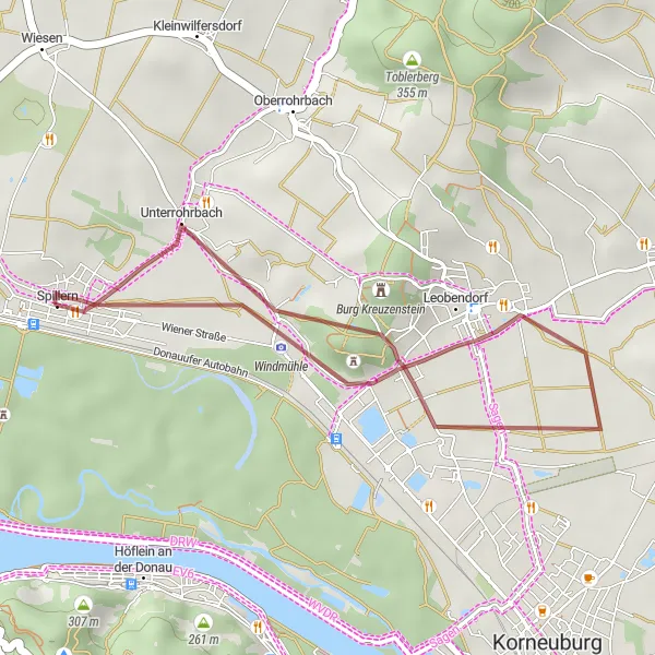 Miniatura della mappa di ispirazione al ciclismo "Breve Escursione Gravel a Leobendorf e Burg Kreuzenstein" nella regione di Niederösterreich, Austria. Generata da Tarmacs.app, pianificatore di rotte ciclistiche