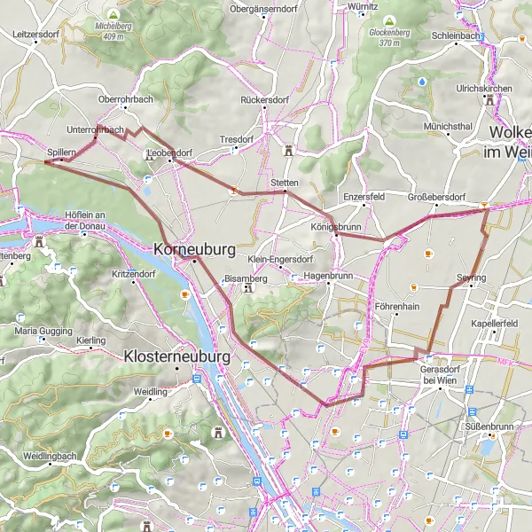 Miniatura della mappa di ispirazione al ciclismo "Giro Scenic tra Burg Kreuzenstein e Windmühle" nella regione di Niederösterreich, Austria. Generata da Tarmacs.app, pianificatore di rotte ciclistiche