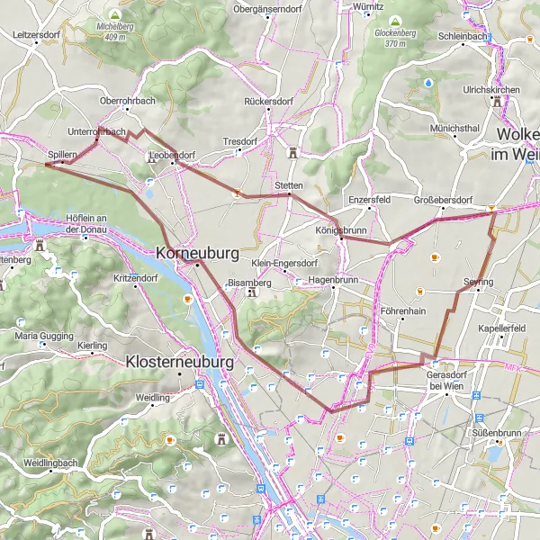 Miniatuurkaart van de fietsinspiratie "Gravelroute naar Bisamberg en Windmühle" in Niederösterreich, Austria. Gemaakt door de Tarmacs.app fietsrouteplanner