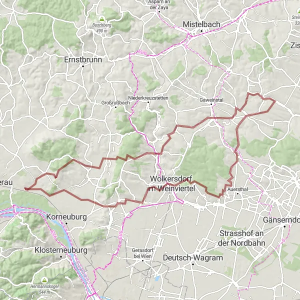 Miniaturekort af cykelinspirationen "Cykelrunde til Oberrohrbach og Bad Pirawarth" i Niederösterreich, Austria. Genereret af Tarmacs.app cykelruteplanlægger