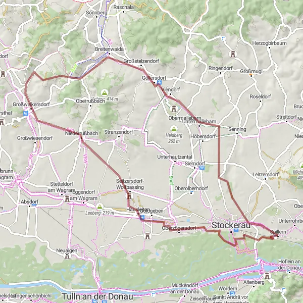 Miniatura della mappa di ispirazione al ciclismo "Circuito in Gravel da Unterzögersdorf a Grafendorf" nella regione di Niederösterreich, Austria. Generata da Tarmacs.app, pianificatore di rotte ciclistiche