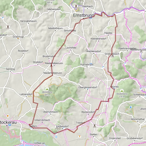 Miniatura della mappa di ispirazione al ciclismo "Giro in Gravel attraverso paesaggi collinari" nella regione di Niederösterreich, Austria. Generata da Tarmacs.app, pianificatore di rotte ciclistiche