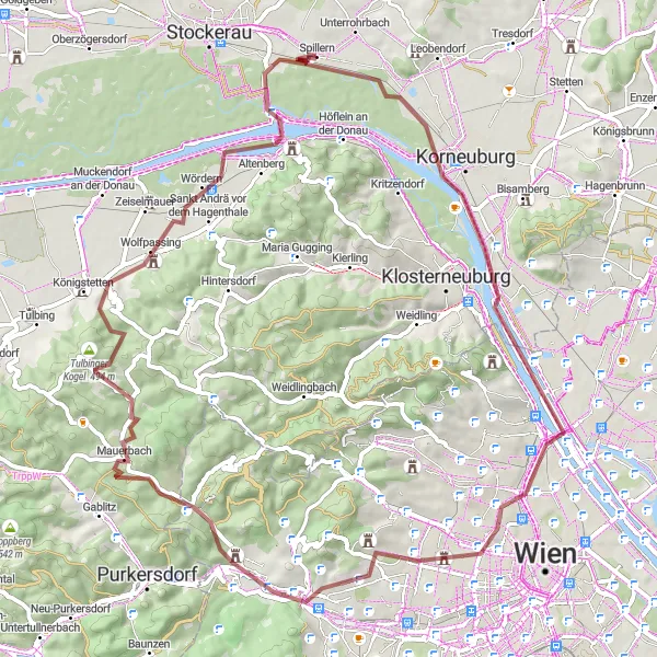 Miniatua del mapa de inspiración ciclista "Ruta de 71 km en bicicleta de grava cerca de Spillern" en Niederösterreich, Austria. Generado por Tarmacs.app planificador de rutas ciclistas