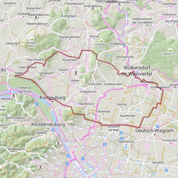 Kartminiatyr av "Äventyr på grusvägar från Spillern till Schliefberg" cykelinspiration i Niederösterreich, Austria. Genererad av Tarmacs.app cykelruttplanerare