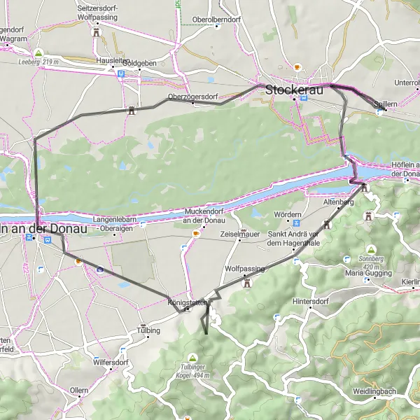 Miniatua del mapa de inspiración ciclista "Ruta de 50 km en bicicleta de carretera cerca de Spillern" en Niederösterreich, Austria. Generado por Tarmacs.app planificador de rutas ciclistas