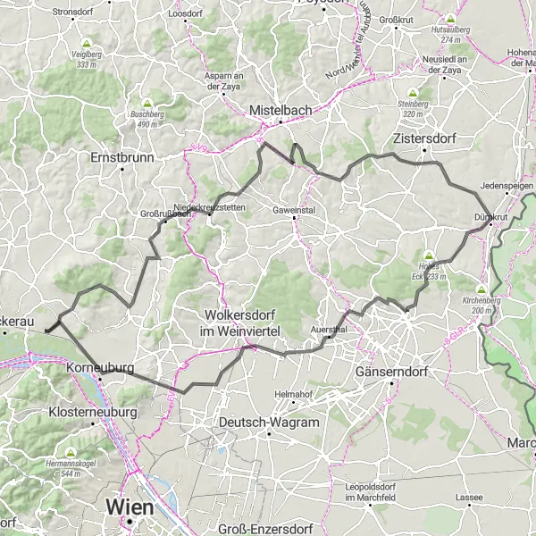 Miniatura della mappa di ispirazione al ciclismo "Giro in bicicletta da Spillern a Oberrohrbach" nella regione di Niederösterreich, Austria. Generata da Tarmacs.app, pianificatore di rotte ciclistiche