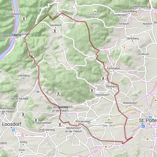 Miniatura della mappa di ispirazione al ciclismo "Il Giro Panoramico di Prinzersdorf" nella regione di Niederösterreich, Austria. Generata da Tarmacs.app, pianificatore di rotte ciclistiche