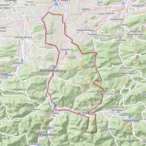Miniatura della mappa di ispirazione al ciclismo "Avventura Gravel tra Castelli intorno a Spratzern" nella regione di Niederösterreich, Austria. Generata da Tarmacs.app, pianificatore di rotte ciclistiche
