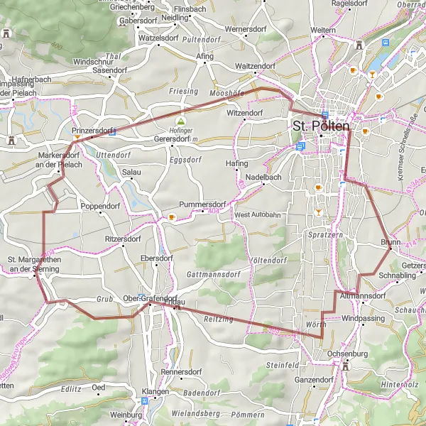 Kartminiatyr av "Äventyr på grusväg till St. Pölten och Klangturm" cykelinspiration i Niederösterreich, Austria. Genererad av Tarmacs.app cykelruttplanerare