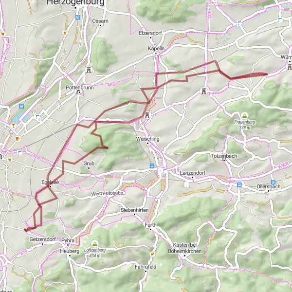 Miniatura della mappa di ispirazione al ciclismo "Flora e Fauna lungo il Percorso" nella regione di Niederösterreich, Austria. Generata da Tarmacs.app, pianificatore di rotte ciclistiche