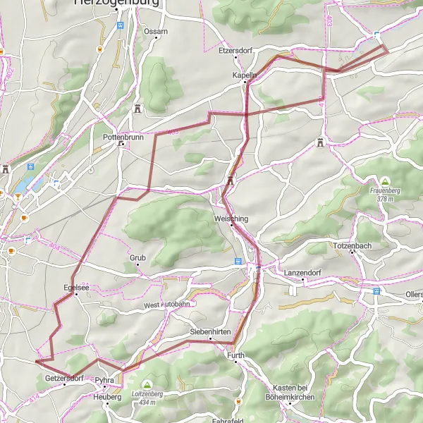 Miniature de la carte de l'inspiration cycliste "Excursion Gravel autour de Maria Jeutendorf" dans la Niederösterreich, Austria. Générée par le planificateur d'itinéraire cycliste Tarmacs.app