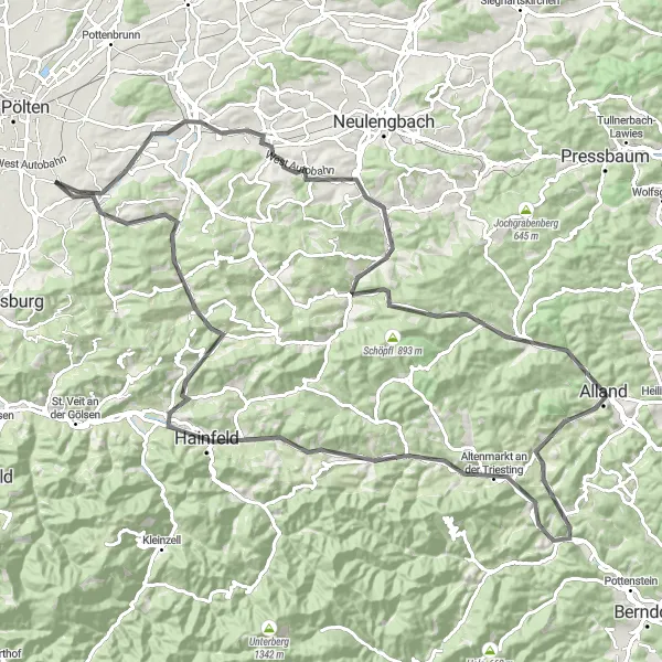 Karten-Miniaturansicht der Radinspiration "Alland und Gaiskogel Panoramatour" in Niederösterreich, Austria. Erstellt vom Tarmacs.app-Routenplaner für Radtouren