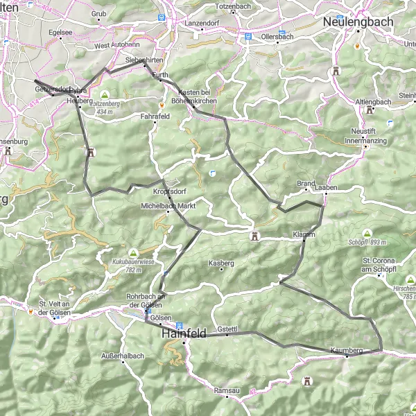 Karten-Miniaturansicht der Radinspiration "Hummelberg und Kaumberg Tour" in Niederösterreich, Austria. Erstellt vom Tarmacs.app-Routenplaner für Radtouren