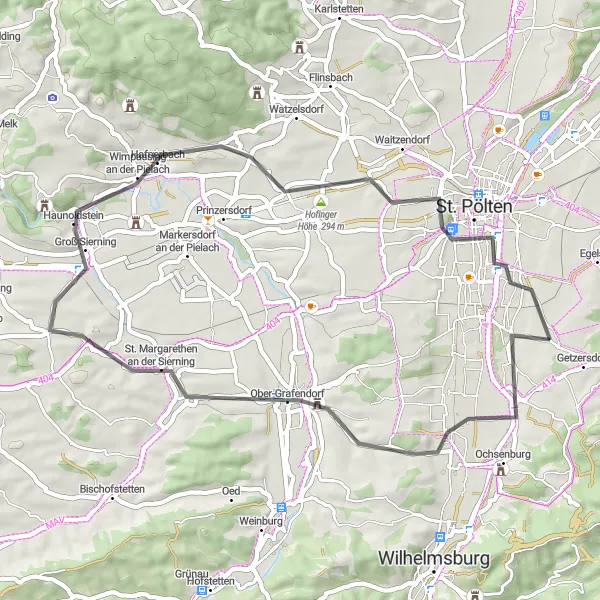 Miniatua del mapa de inspiración ciclista "Ruta escénica de 47 km en carretera cerca de Stattersdorf" en Niederösterreich, Austria. Generado por Tarmacs.app planificador de rutas ciclistas