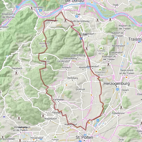 Karten-Miniaturansicht der Radinspiration "Gravel Abenteuer durch Weinberge und Berge" in Niederösterreich, Austria. Erstellt vom Tarmacs.app-Routenplaner für Radtouren