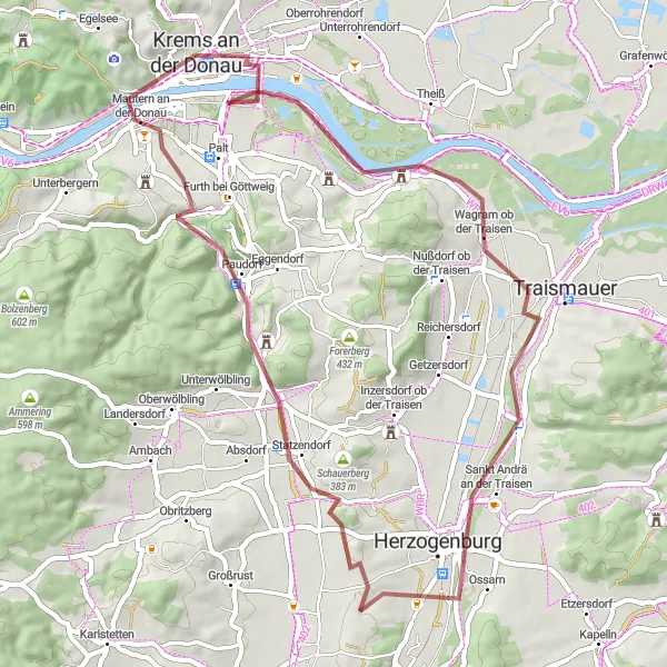 Karten-Miniaturansicht der Radinspiration "Historische Sehenswürdigkeiten entlang der Donau" in Niederösterreich, Austria. Erstellt vom Tarmacs.app-Routenplaner für Radtouren
