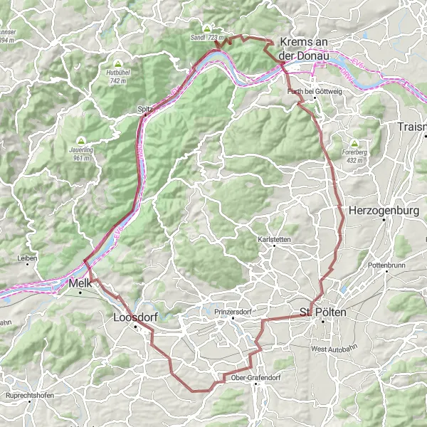Karten-Miniaturansicht der Radinspiration "Rund um Mautern: Gravel-Abenteuer an der Donau" in Niederösterreich, Austria. Erstellt vom Tarmacs.app-Routenplaner für Radtouren