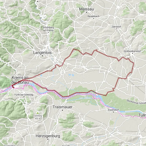 Miniatuurkaart van de fietsinspiratie "Wijnroute door het Wagram en Donauvallei" in Niederösterreich, Austria. Gemaakt door de Tarmacs.app fietsrouteplanner