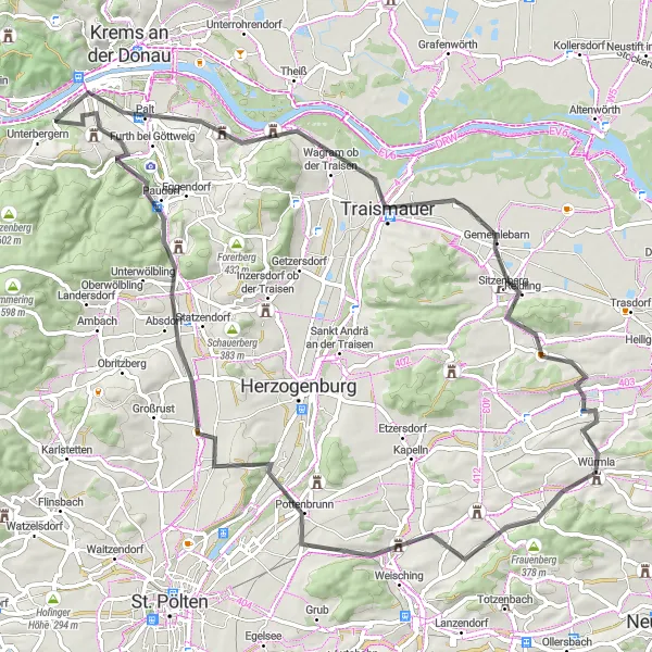 Miniatuurkaart van de fietsinspiratie "Rondrit langs de Donau en wijngaarden" in Niederösterreich, Austria. Gemaakt door de Tarmacs.app fietsrouteplanner