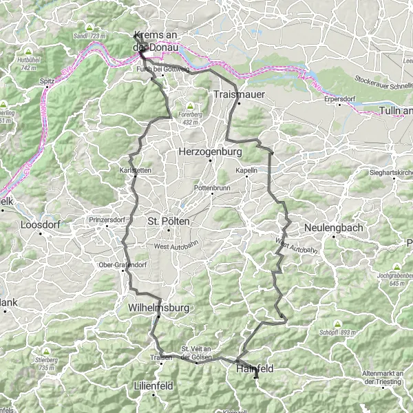 Mapa miniatúra "Okruh kolem Stein an der Donau" cyklistická inšpirácia v Niederösterreich, Austria. Vygenerované cyklistickým plánovačom trás Tarmacs.app