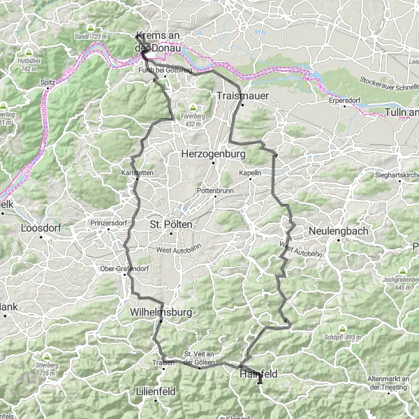 Karttaminiaatyyri "Haastava rengasreitti Gölsenin laaksossa" pyöräilyinspiraatiosta alueella Niederösterreich, Austria. Luotu Tarmacs.app pyöräilyreittisuunnittelijalla