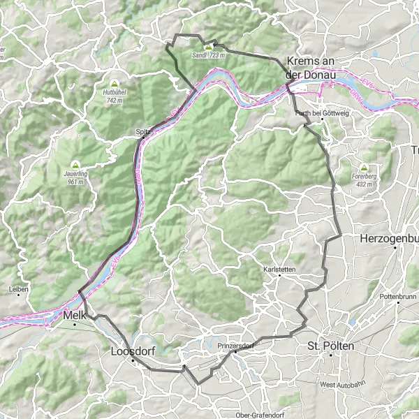 Miniatuurkaart van de fietsinspiratie "Avontuurlijk fietsen door heuvelachtig landschap" in Niederösterreich, Austria. Gemaakt door de Tarmacs.app fietsrouteplanner