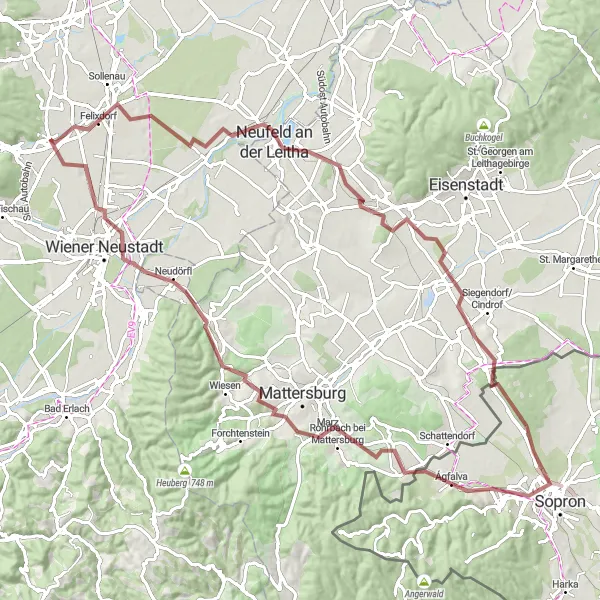 Mapa miniatúra "Okruh na gravelových bicykloch cez Felixdorf, Borsó-hegy a Bad Sauerbrunn" cyklistická inšpirácia v Niederösterreich, Austria. Vygenerované cyklistickým plánovačom trás Tarmacs.app