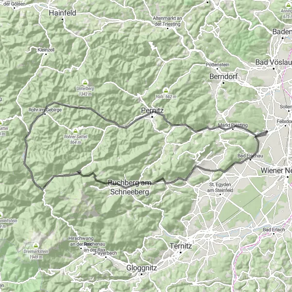 Miniatura della mappa di ispirazione al ciclismo "Giro in bicicletta attraverso le montagne della Bassa Austria" nella regione di Niederösterreich, Austria. Generata da Tarmacs.app, pianificatore di rotte ciclistiche