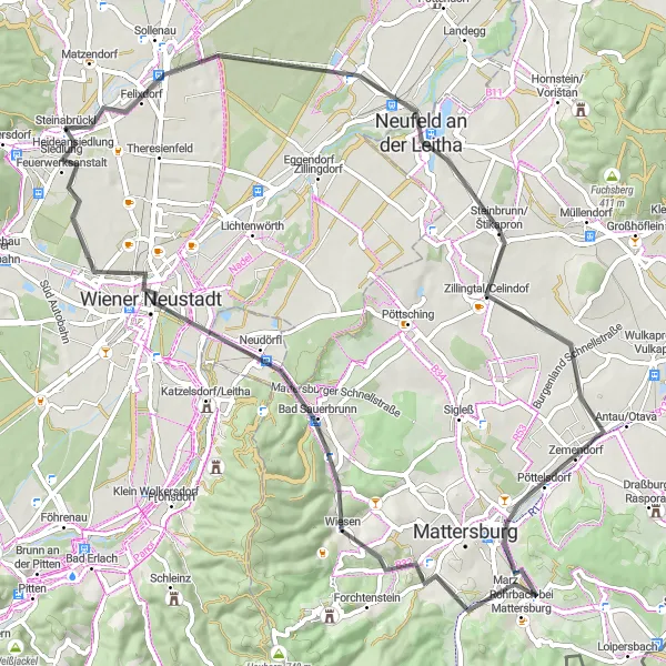 Miniaturní mapa "Kolo okolo Steinabrücklu: Neufeld an der Leitha, Wiener Neustadt" inspirace pro cyklisty v oblasti Niederösterreich, Austria. Vytvořeno pomocí plánovače tras Tarmacs.app