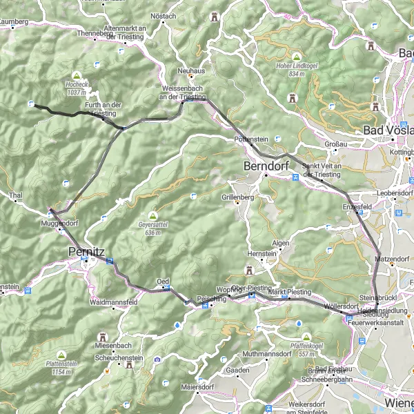 Miniatua del mapa de inspiración ciclista "Ruta en carretera de Markt Piesting a Steinabrückl" en Niederösterreich, Austria. Generado por Tarmacs.app planificador de rutas ciclistas