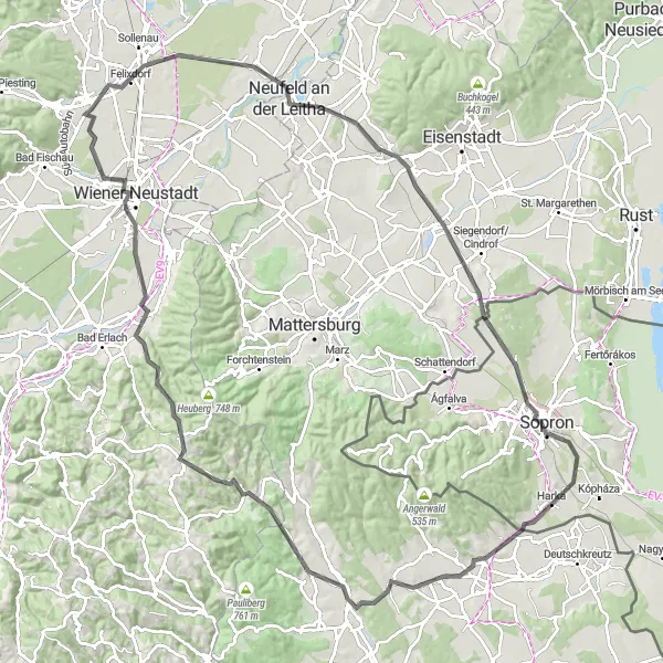 Miniatua del mapa de inspiración ciclista "Ruta de Ciclismo en Carretera a Neckenmarkt" en Niederösterreich, Austria. Generado por Tarmacs.app planificador de rutas ciclistas