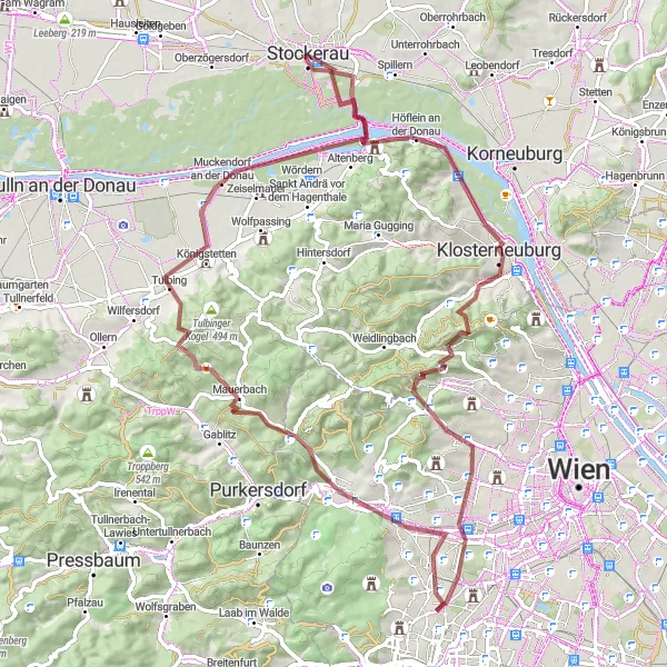 Miniaturní mapa "Trasa Stockerau - Totenkopf - Klosterneuburg - Ottakring - Steinberg - Wolfersberg - Mauerbach - Tulbing - Grafendorf" inspirace pro cyklisty v oblasti Niederösterreich, Austria. Vytvořeno pomocí plánovače tras Tarmacs.app