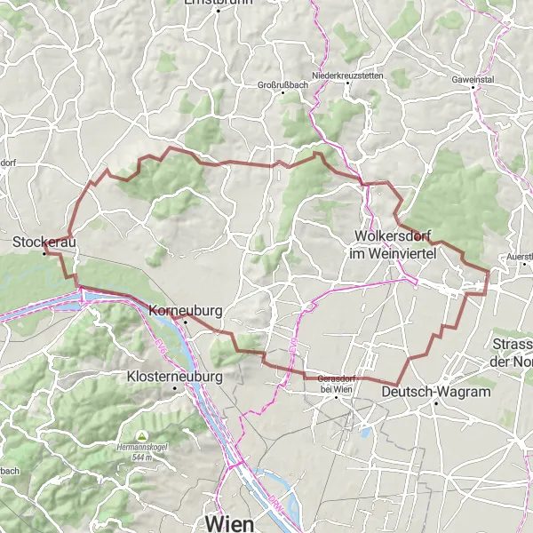 Map miniature of "Stockerau - Leitzersdorf - Steinberg - Würnitz - Detzenberg - Bockfließ - Wasserbehälter Bisamberg - Veitsberg - Stockerau Gravel Route" cycling inspiration in Niederösterreich, Austria. Generated by Tarmacs.app cycling route planner
