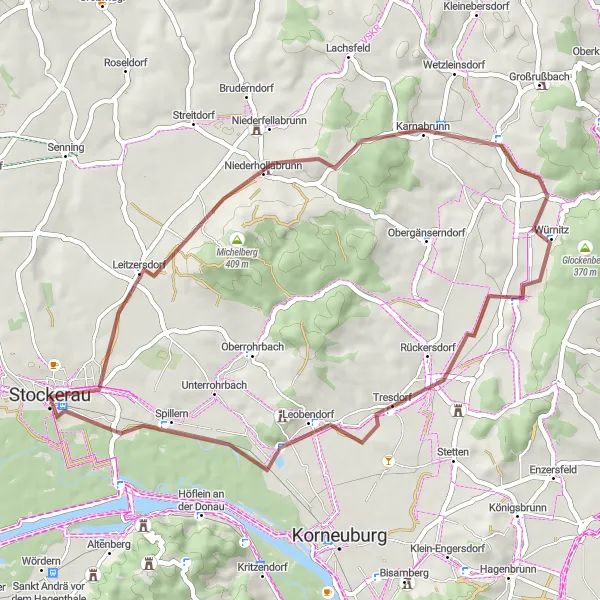 Miniatua del mapa de inspiración ciclista "Exploración Gravel por Kirchberg y Schliefberg" en Niederösterreich, Austria. Generado por Tarmacs.app planificador de rutas ciclistas