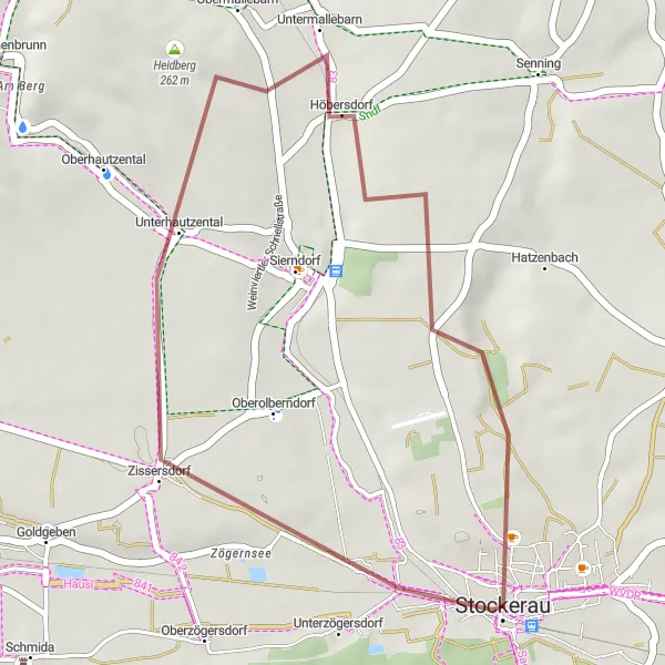 Miniatura della mappa di ispirazione al ciclismo "Breve Escursione tra Heidberg e Stockerau" nella regione di Niederösterreich, Austria. Generata da Tarmacs.app, pianificatore di rotte ciclistiche