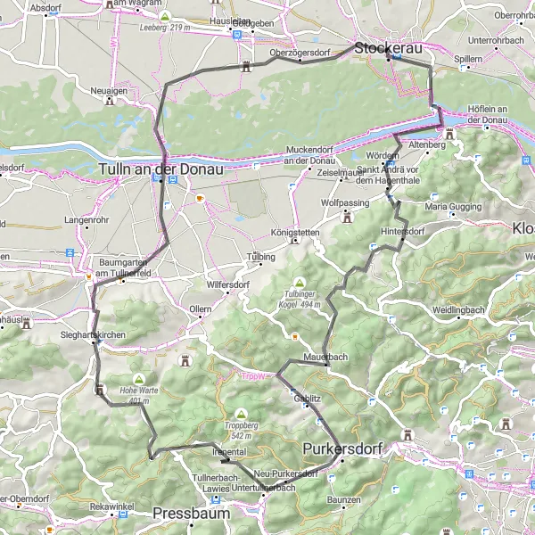 Kartminiatyr av "Landsväg rundtur kring Stockerau" cykelinspiration i Niederösterreich, Austria. Genererad av Tarmacs.app cykelruttplanerare