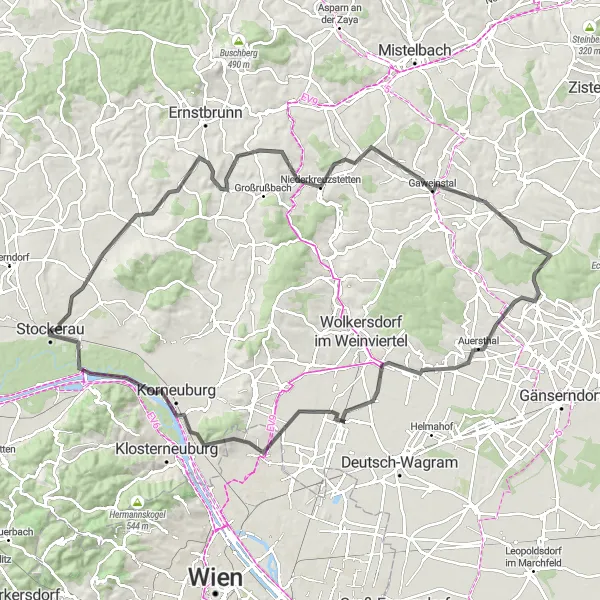 Map miniature of "Stockerau - Leitzersdorf - Leeberg - Aglesberg - Niederkreuzstetten - Gaweinstal - Bockfließ - Lanerberg - Langenzersdorf - Stockerau Road Route" cycling inspiration in Niederösterreich, Austria. Generated by Tarmacs.app cycling route planner