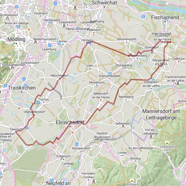 Miniaturní mapa "Gravelový okruh skrze Münchendorf" inspirace pro cyklisty v oblasti Niederösterreich, Austria. Vytvořeno pomocí plánovače tras Tarmacs.app
