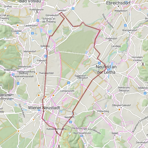 Miniatura della mappa di ispirazione al ciclismo "Il Tour Gravel di Teesdorf e dintorni" nella regione di Niederösterreich, Austria. Generata da Tarmacs.app, pianificatore di rotte ciclistiche