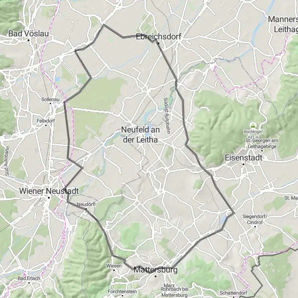 Miniature de la carte de l'inspiration cycliste "Circuit des Collines de Thermenland" dans la Niederösterreich, Austria. Générée par le planificateur d'itinéraire cycliste Tarmacs.app